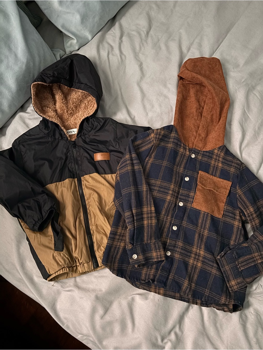 SHEIN Black Jacket with Tan Faux-Fleece Lining & Tan and Blue Hooded Button Down